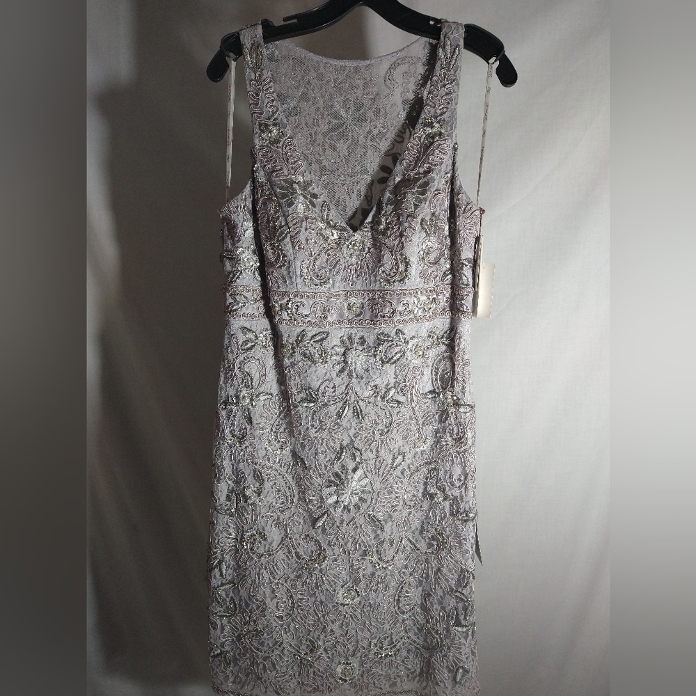 SUE WONG NOCTURNE PLATINUM LACE EMBELLISHED SLEEVELESS DRESS